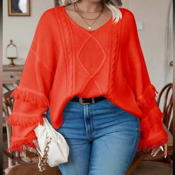 Plus size cozy fringe detail cable knit sweater top